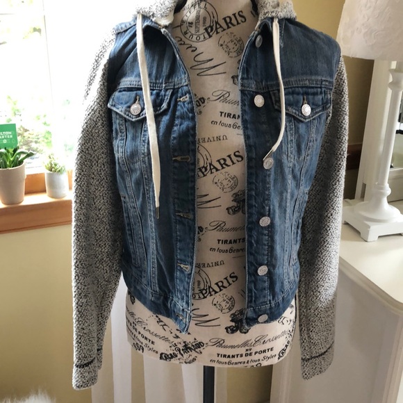 Garage Jean Jacket with Sweatshirt Sleeves & Hood - Picture 1 of 4